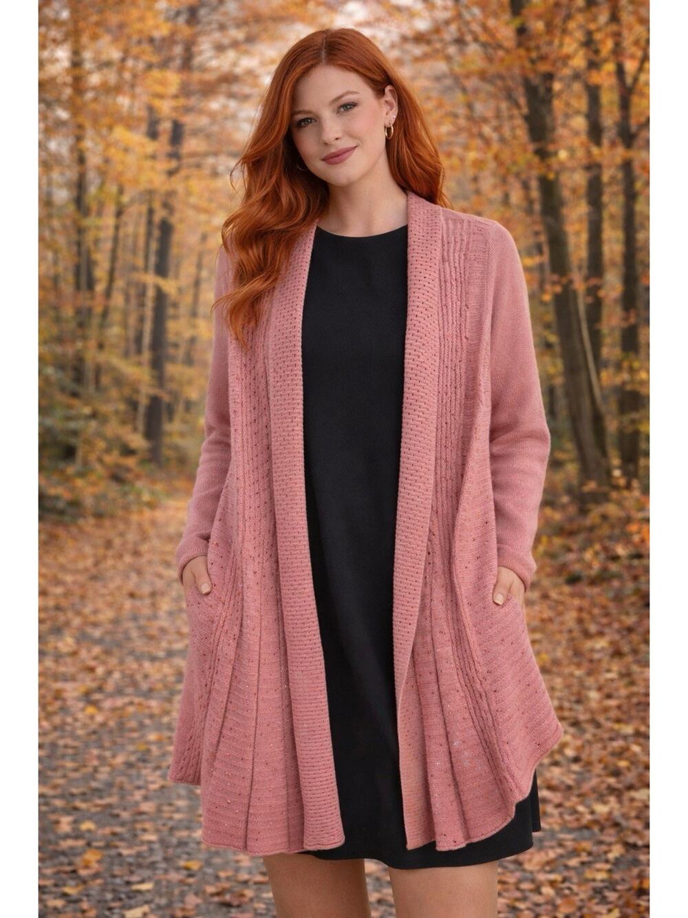 Bedford Fair Long Pink Cardigan Sweater XL Sequins